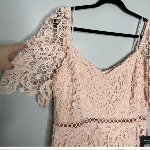 Lulus Briarwood Blush Pink Lace Ruffled Midi Dress M7. - Picture 14 of 16